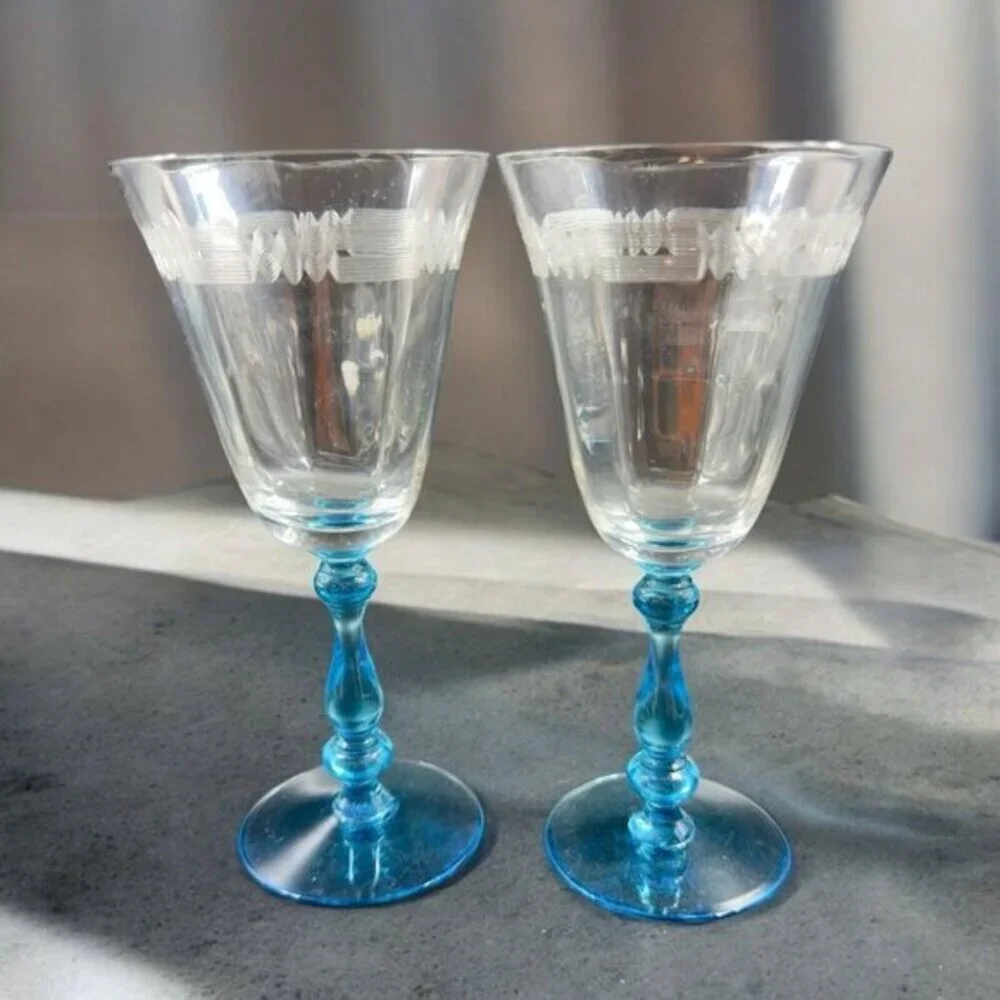 Antique Tiffin Franciscan Tall Blue Stem 2‎ Glasses Etched Manganese 365nm UV